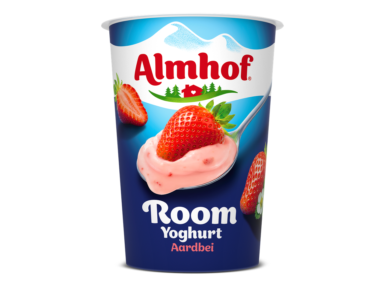 Beker romige aardbeienyoghurt met afbeeldingen van verse aardbeien.