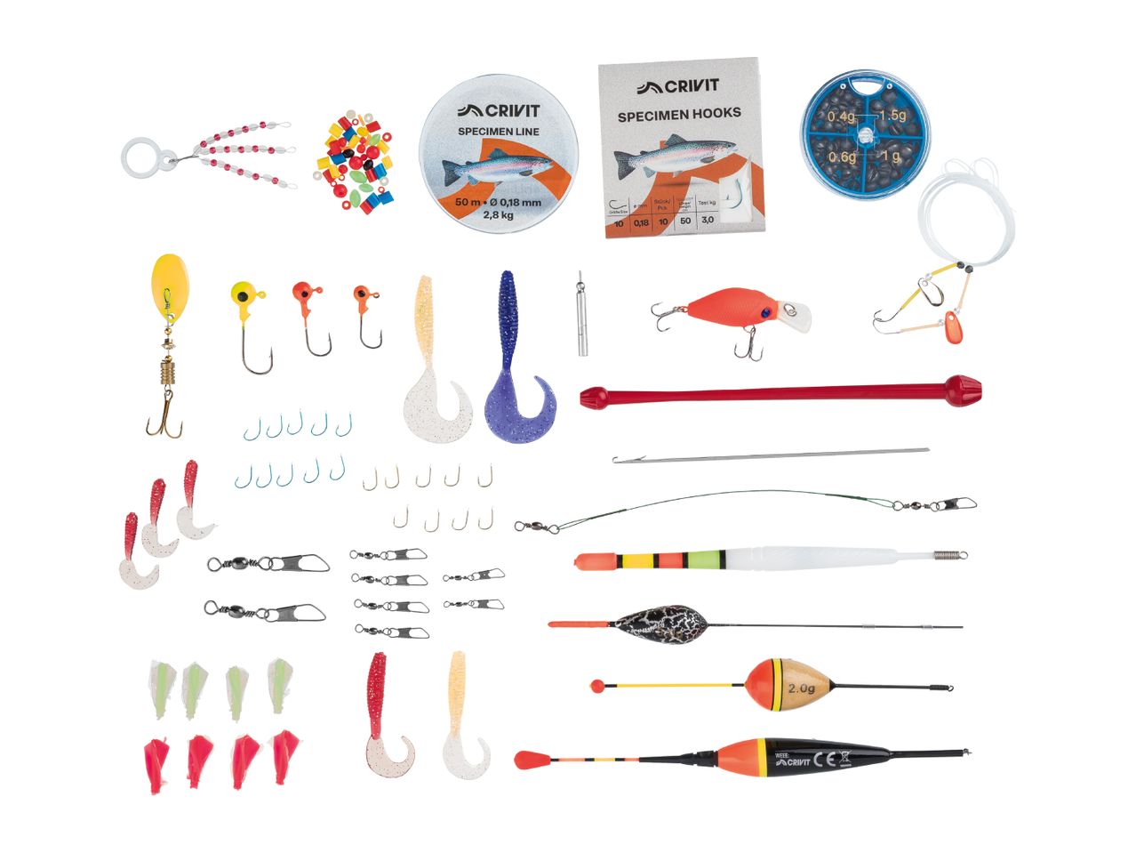 A comprehensive fishing tackle set including lines, hooks, lures, floats, and various accessories.