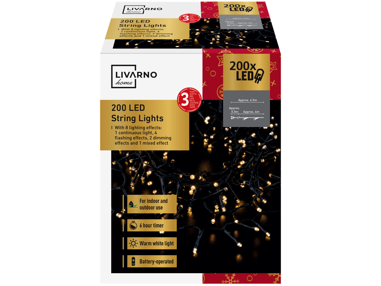 Livarno Home LED girlianda su 200 šiltai baltų lempučių, 8 efektais ir 6 valandų laikmačiu.