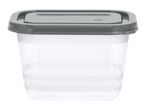 Clear plastic food storage container with a dark grey lid