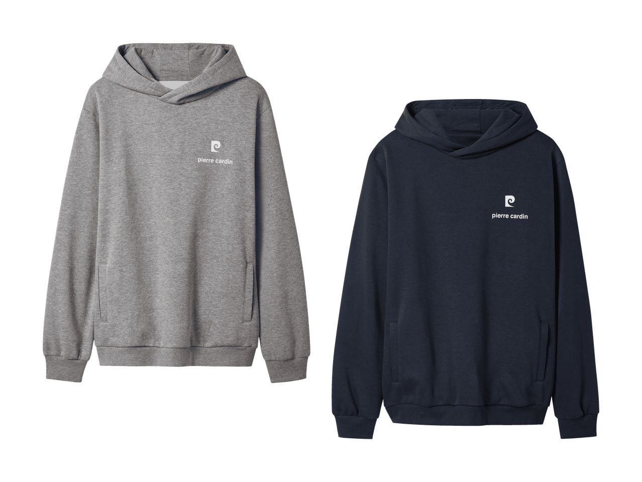 Zwei Herren-Hoodies, einer grau und einer dunkelblau, mit Logo auf der Brust.