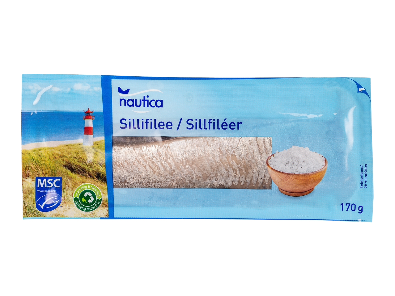 Sillifileepakkaus, jossa on majakka-aiheinen kuva ja suolaa puukipossa, 170 g.