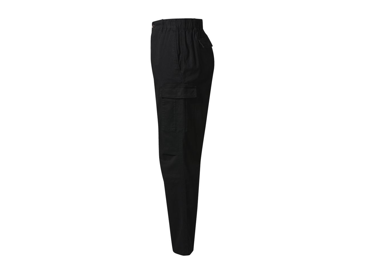 Black cargo pants with an elastic waistband and side pockets.