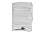 Folded grey inflatable mattress with a black valve on a white background.