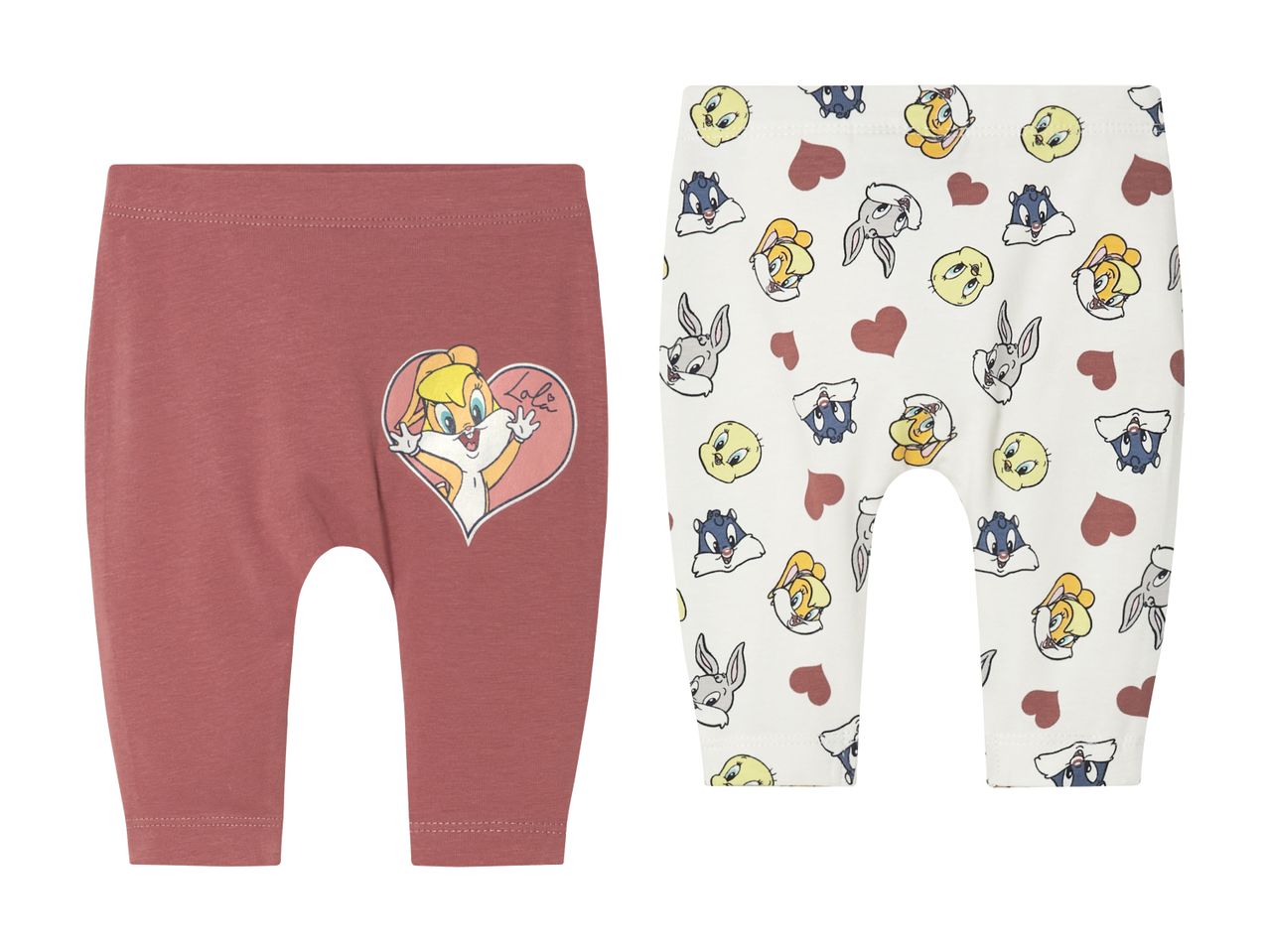 To par baby leggings med Looney Tunes-print; et par i rosa med Lola Bunny og et par i hvid med forskellige figurer.