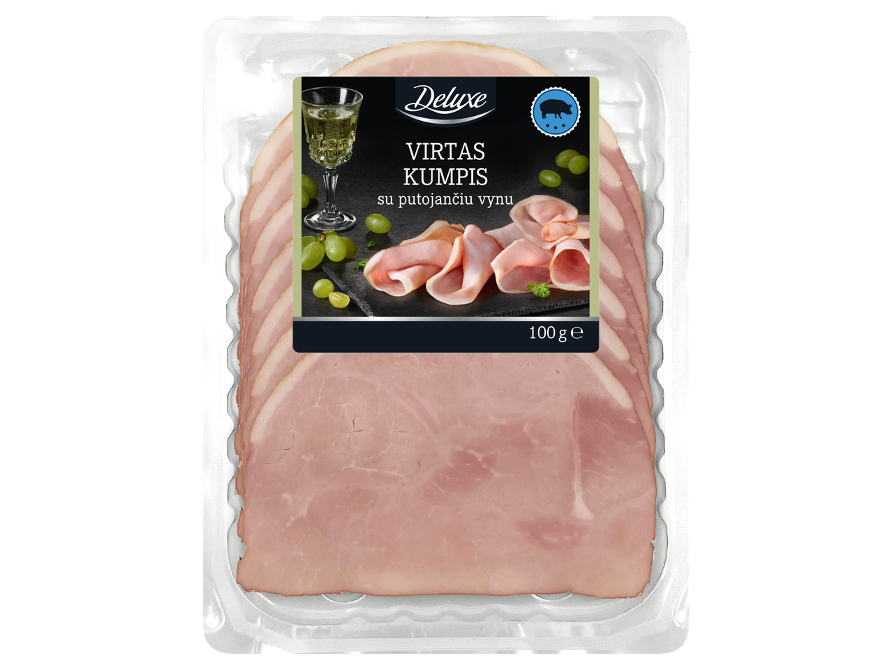 Deluxe rūkytas kiaulienos kumpis su putojančiu vynu, 100g.