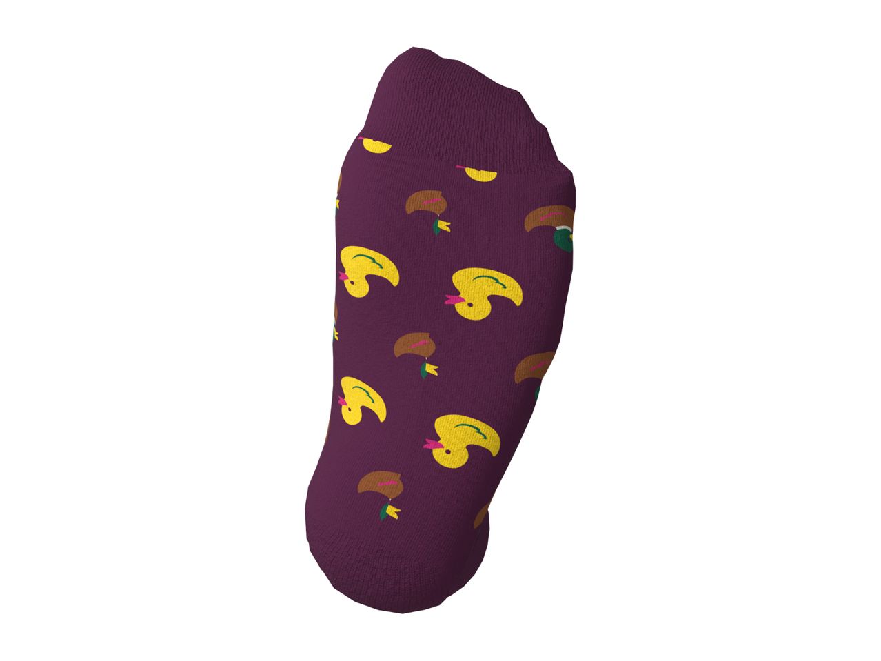 Purple sock with yellow and brown duck patterns