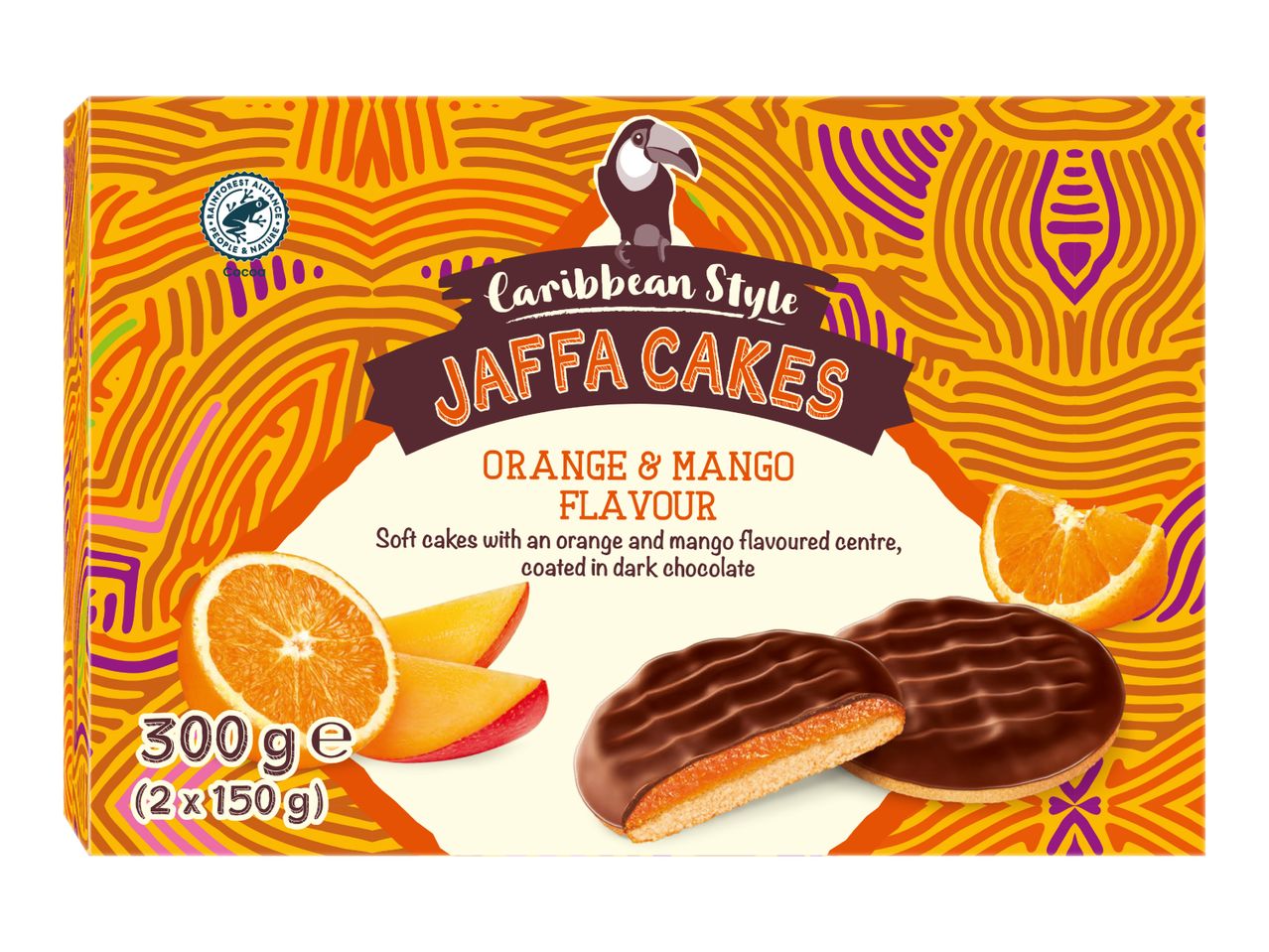 Caribbean Style Jaffa Cakes with orange and mango flavour, 300g.