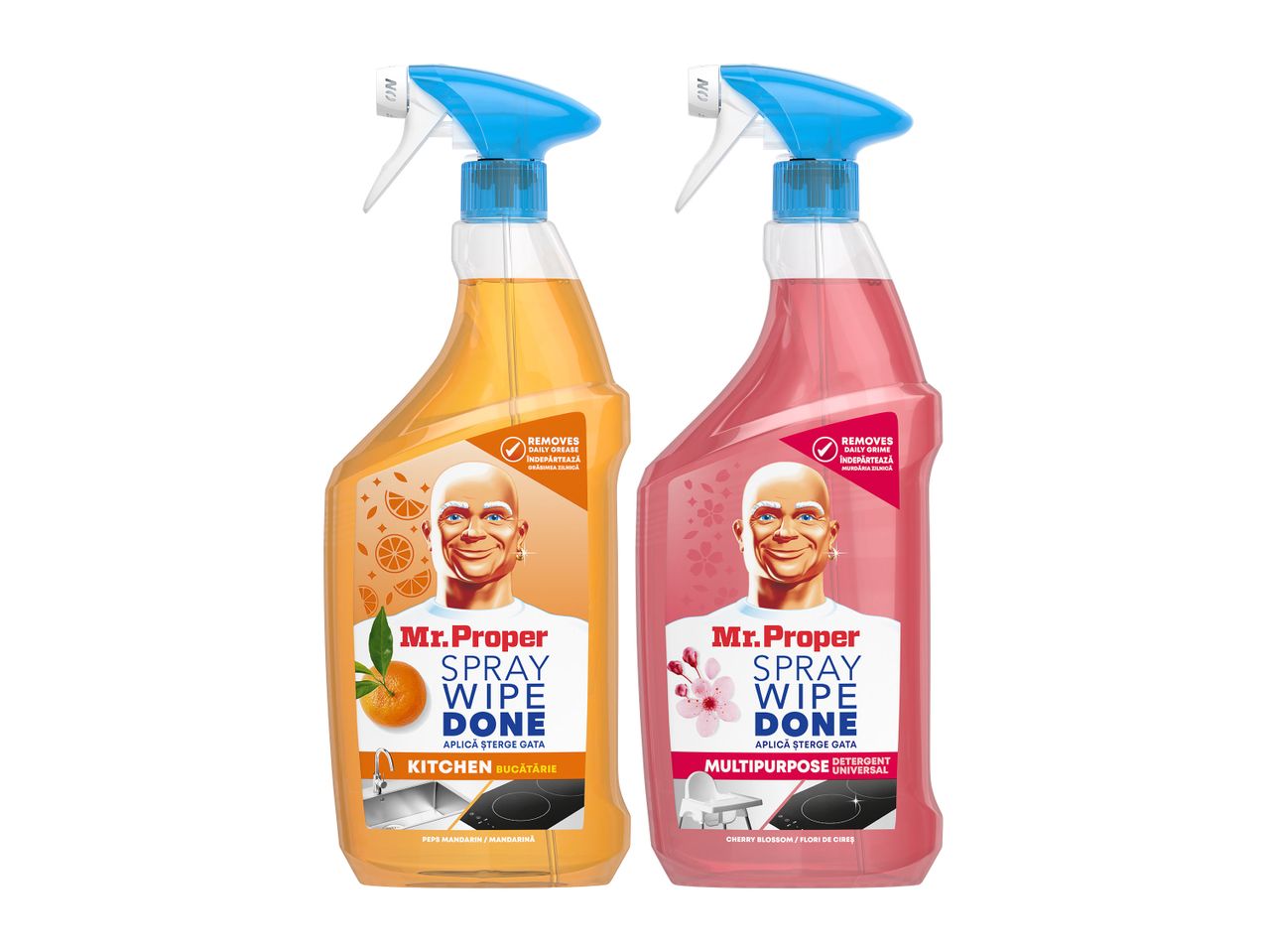Două flacoane Mr. Proper cu pulverizator, unul portocaliu și unul roz.