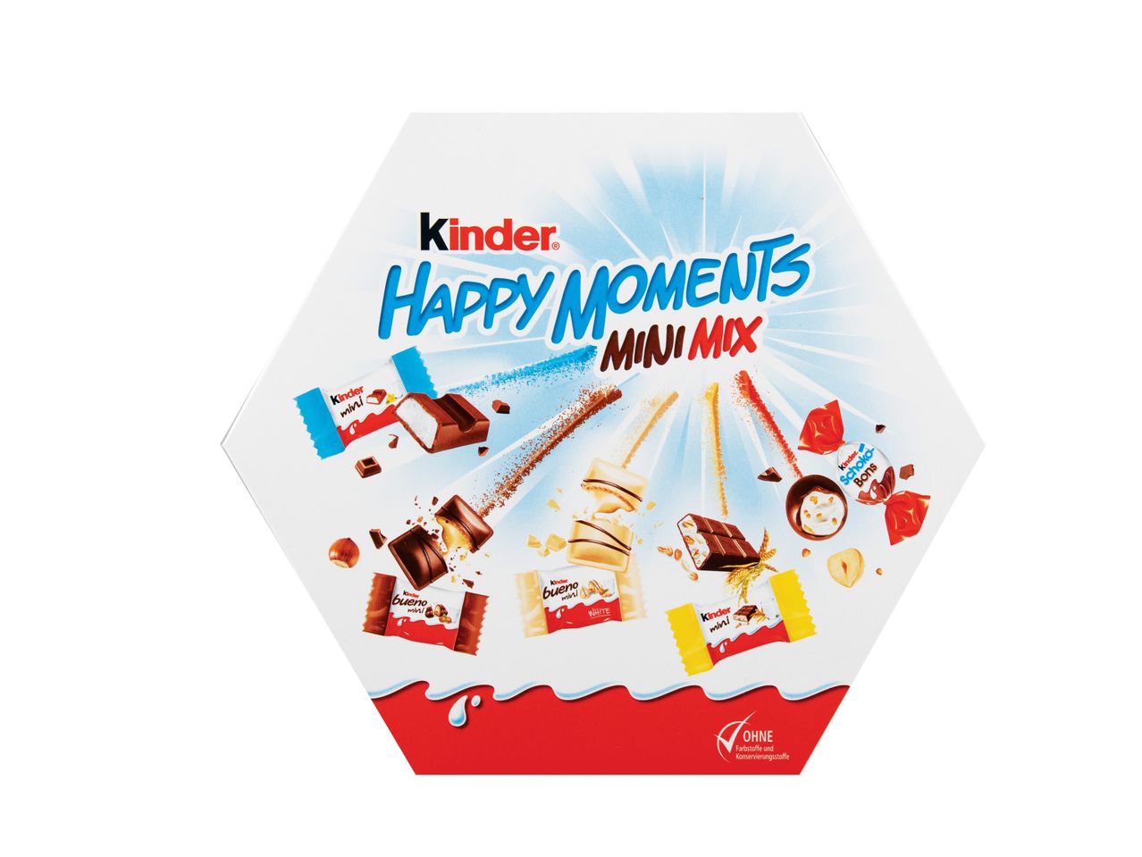 Kinder Happy Moments Mini Mix: mišrus Kinder Bueno, Kinder Mini ir Kinder Schoko Bons šokoladinių saldainių rinkinys.