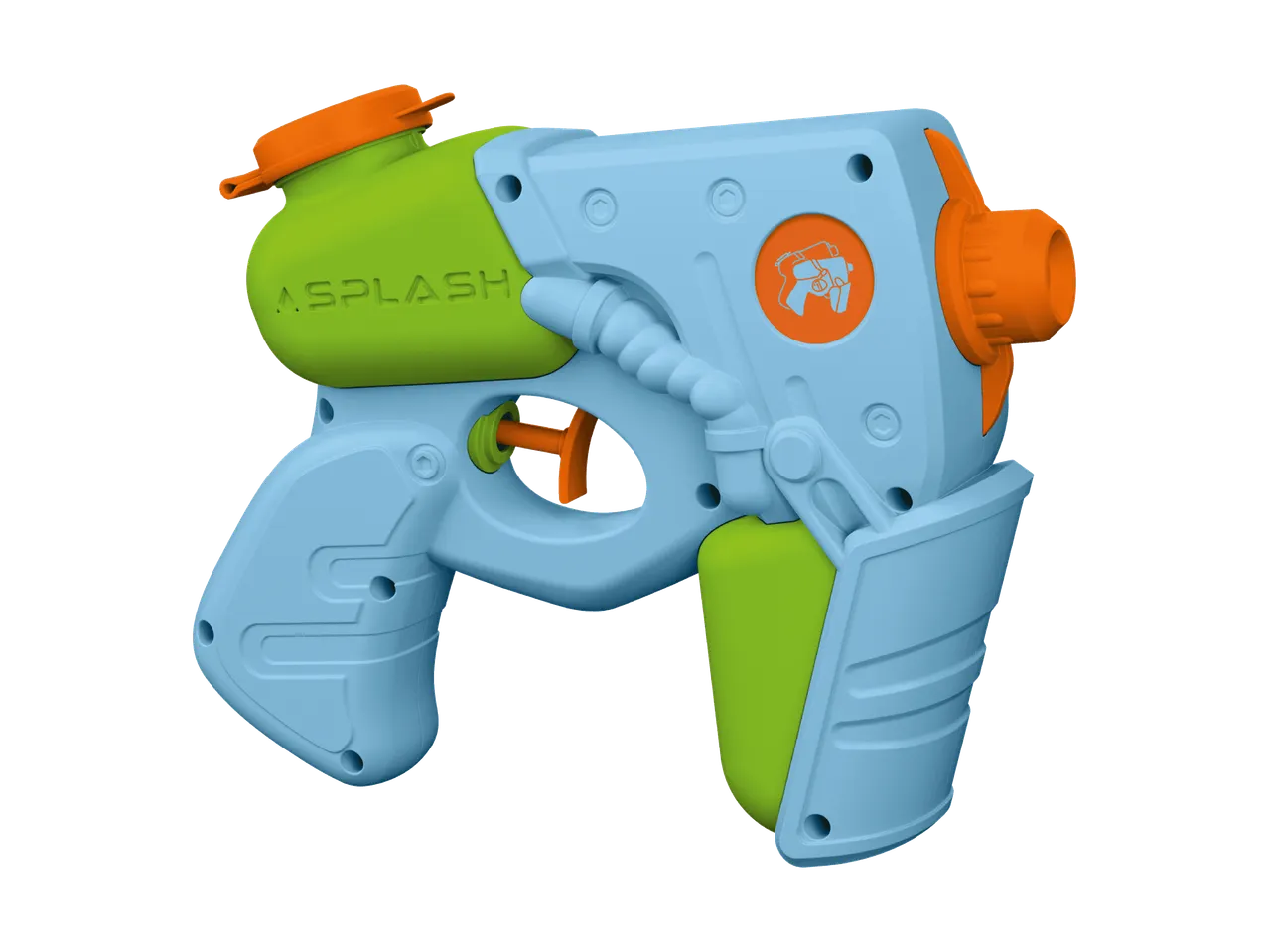 Blauer und grüner Wasserblaster mit orangefarbenen Akzenten, strukturiertem Griff und rundem Emblem.