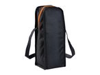 A black carrying case with orange zipper and shoulder straps.
