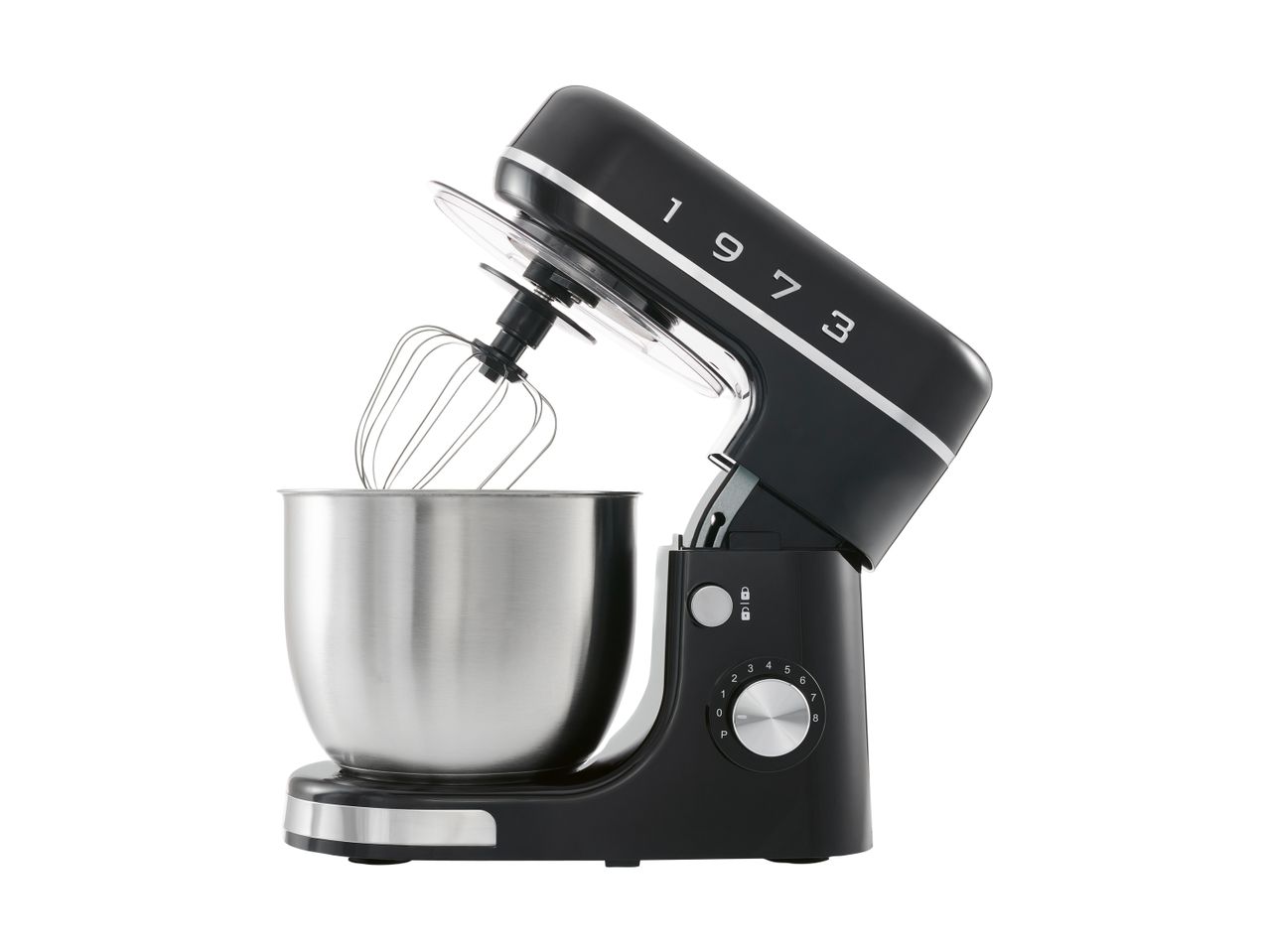 Black stand mixer with a stainless steel bowl and whisk attachment.