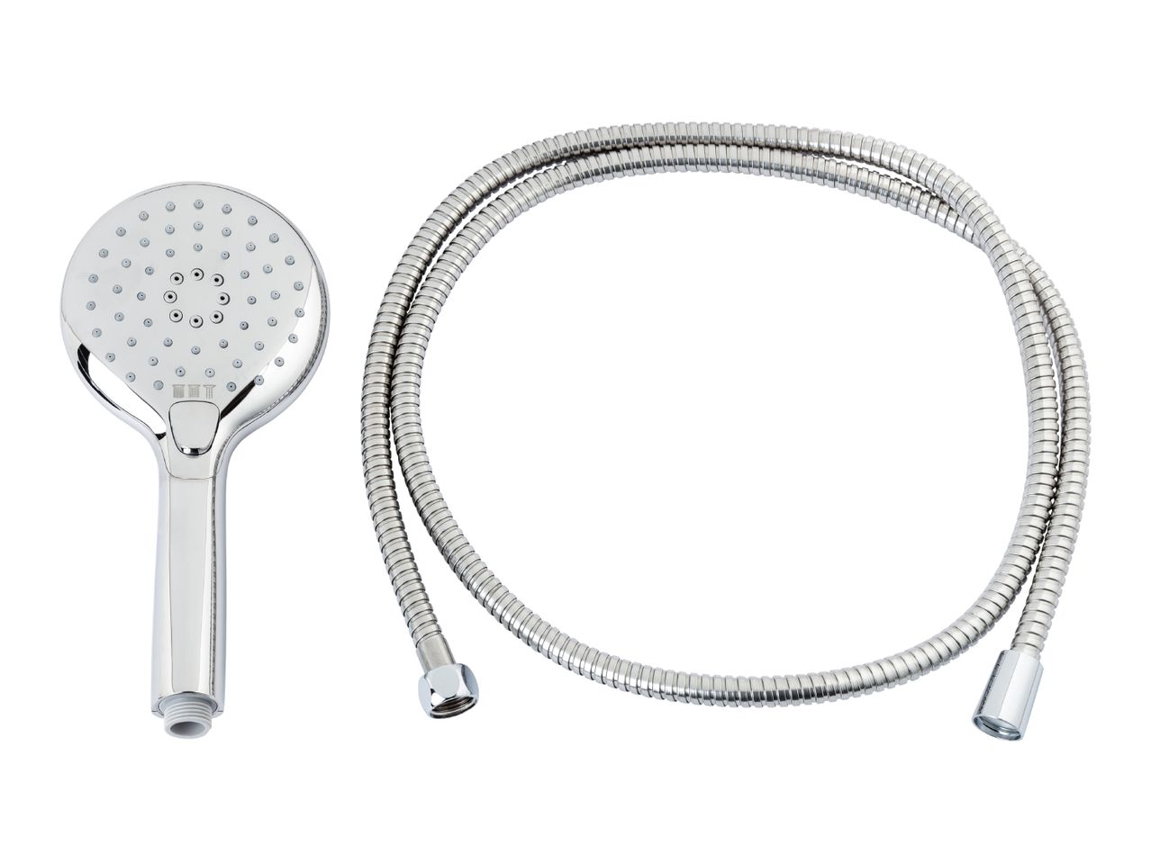 Chrome shower head with a flexible metal hose on a white background.