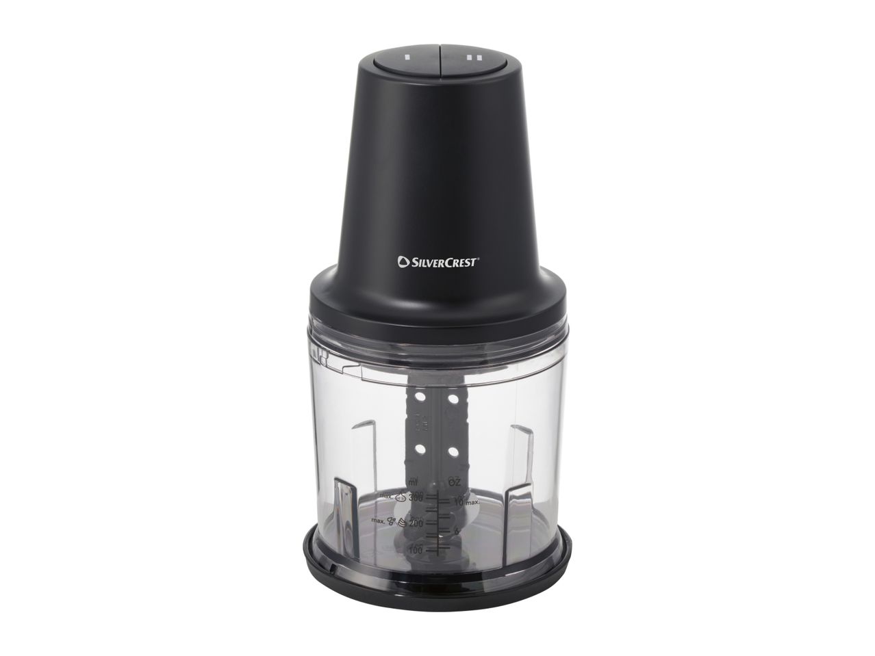 Black and clear food chopper with measurement markings on a white background.