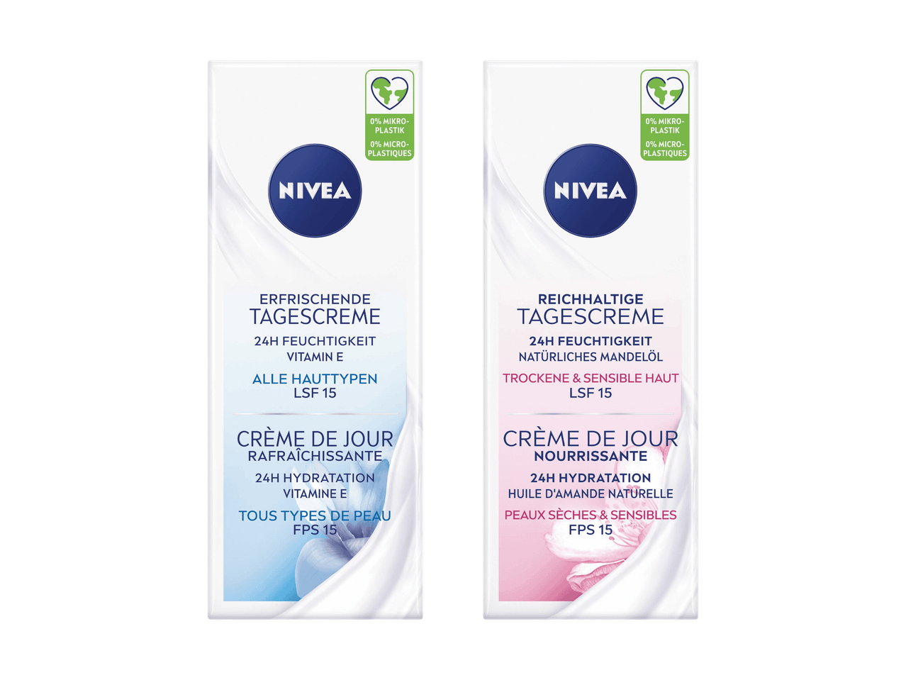Zwei Tagescremes, eine erfrischende für alle Hauttypen und eine reichhaltige für trockene und sensible Haut.