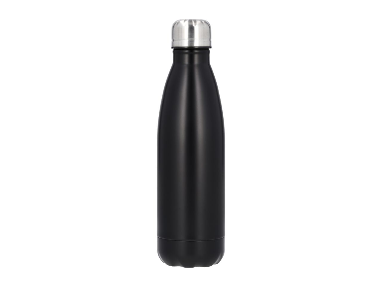 Black stainless steel water bottle with a silver cap