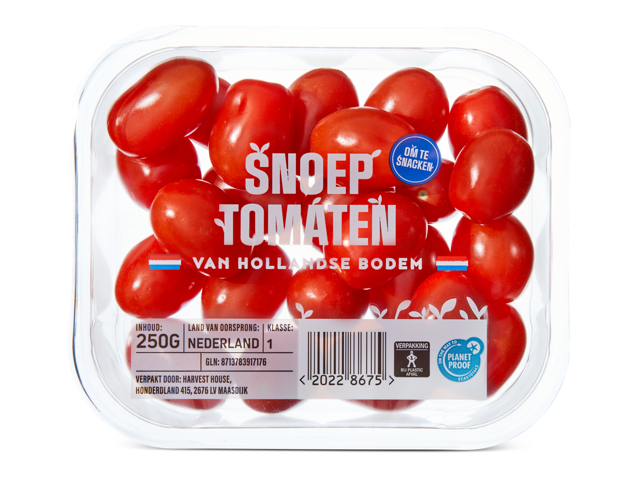 Een plastic bakje met 250g Snoep Tomaten, kleine snacktomaten uit Nederland.