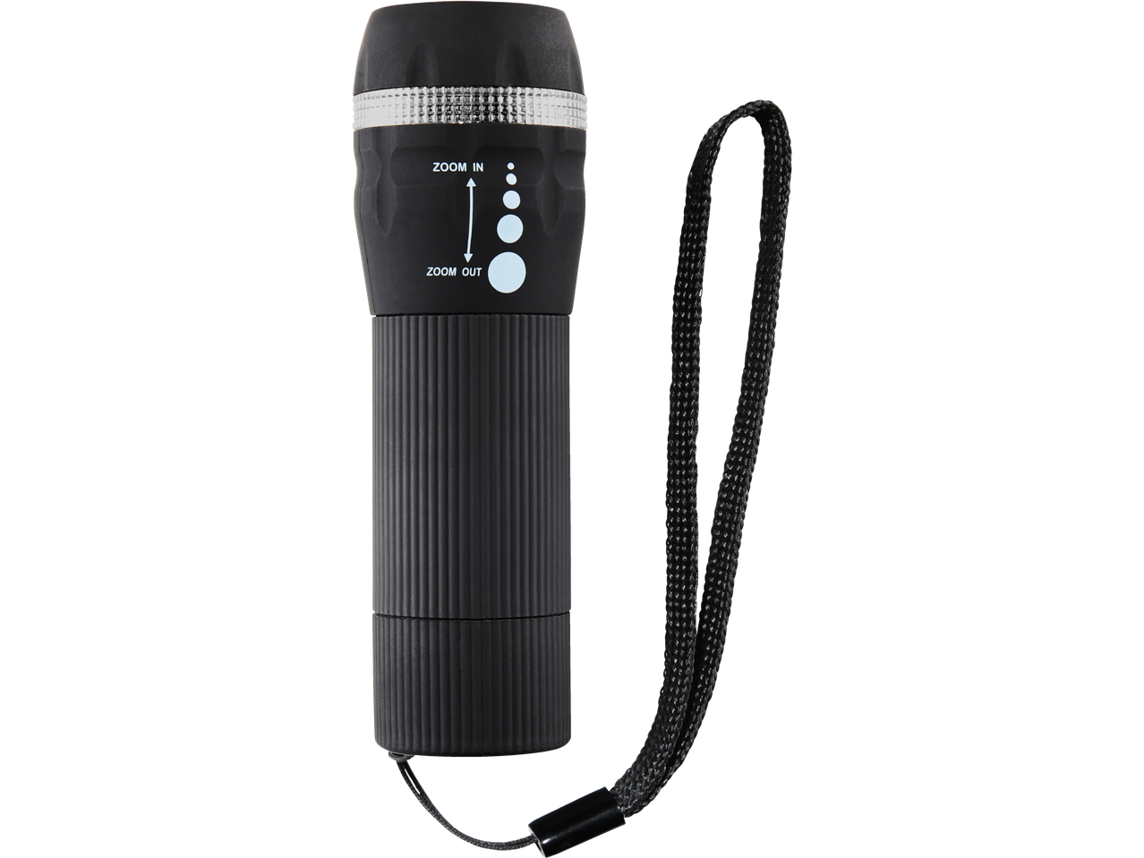 Uma lanterna preta com zoom e um cordão.