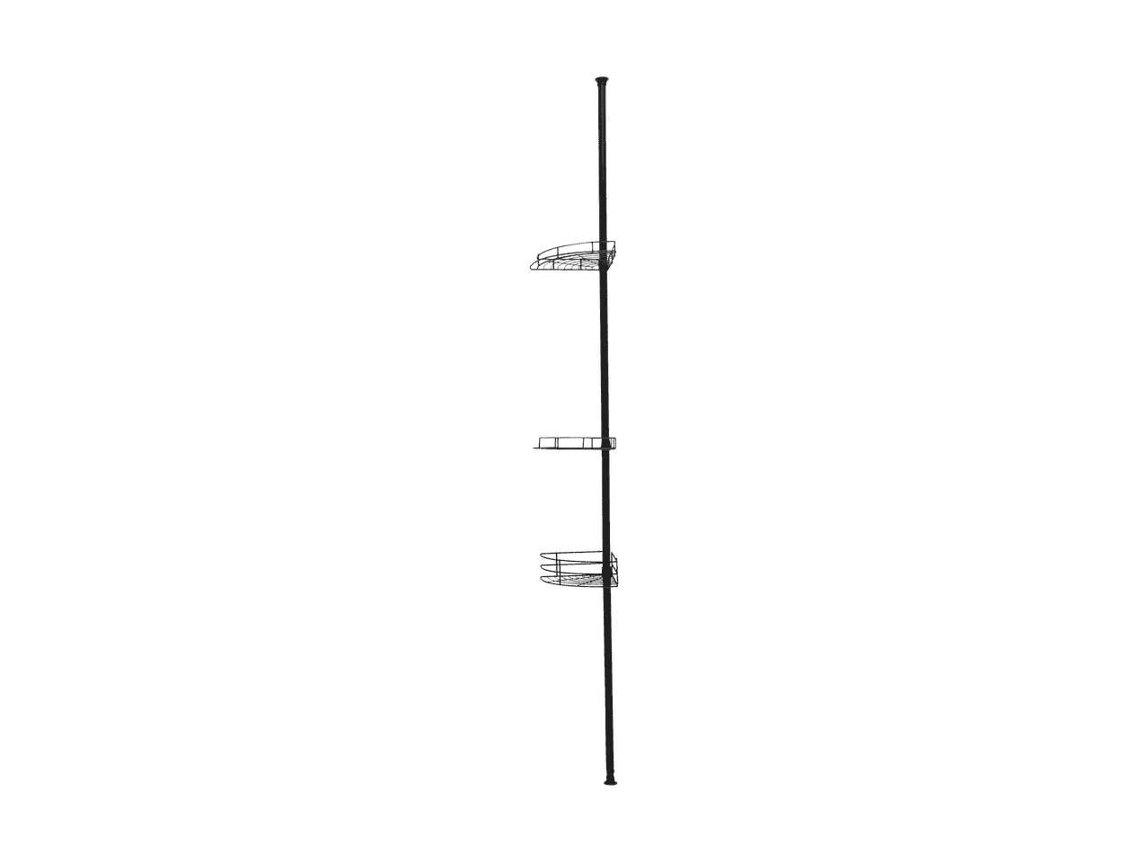 Étagère de douche télescopique d'angle avec trois paniers en métal noir.