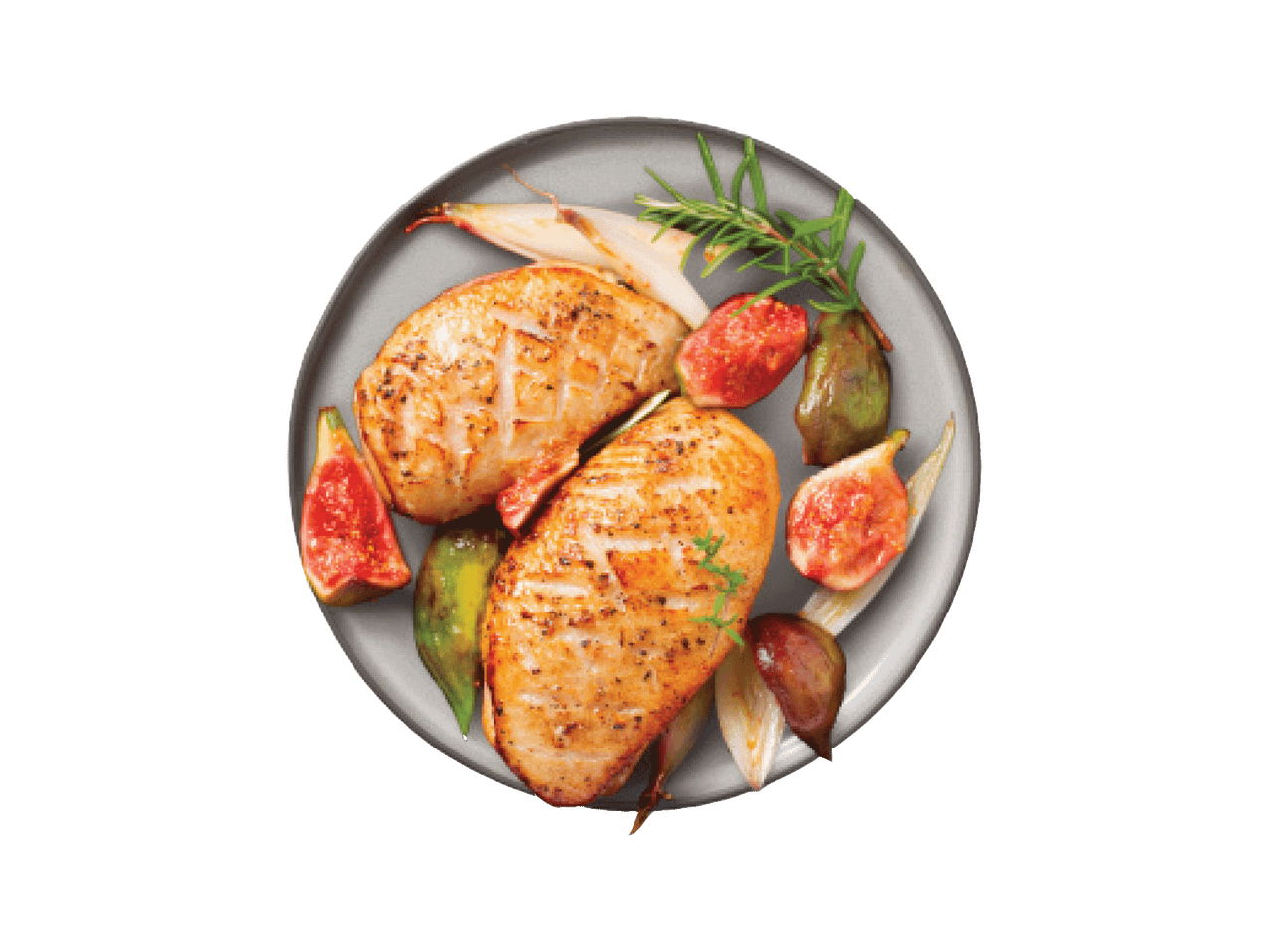 Taldrikul grillitud kanafilee viigimarjade, šalottsibula ja rosmariiniga.