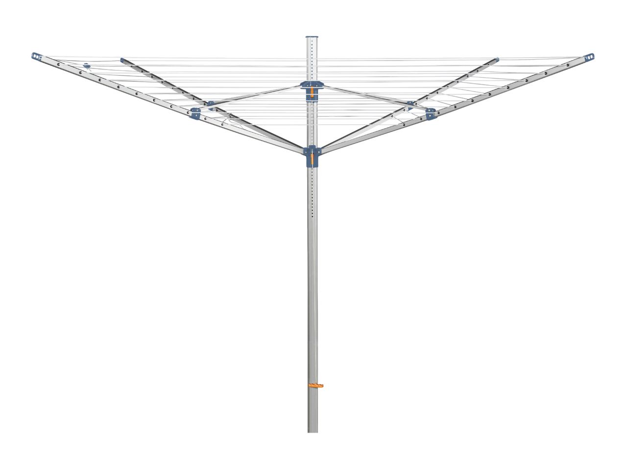 Rotary clothes dryer with adjustable height and multiple lines for drying laundry.