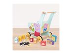 A light blue wooden baby walker with Peppa Pig characters, surrounded by toy food items.