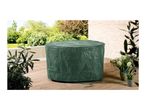 A dark green round patio table cover sits on a wooden deck.