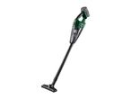 Cordless stick vacuum cleaner with a green and black body, and a transparent dustbin.