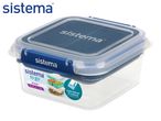 Clear plastic food storage container with a blue lid and locking clips.