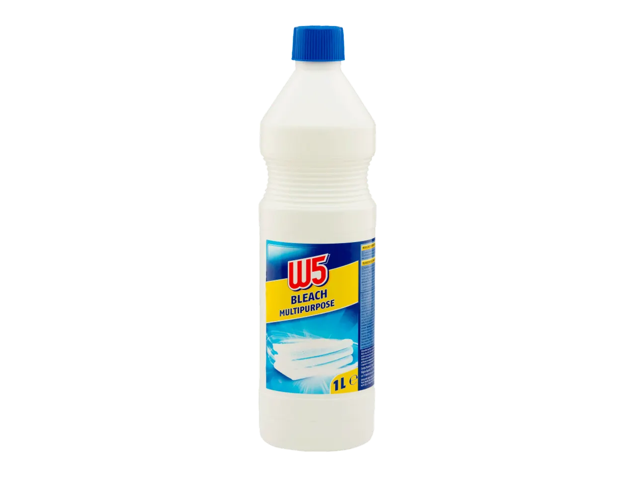 Boca belog izbeljivača sa plavim čepom i etiketom na kojoj piše „Bleach Multipurpose 1L“.