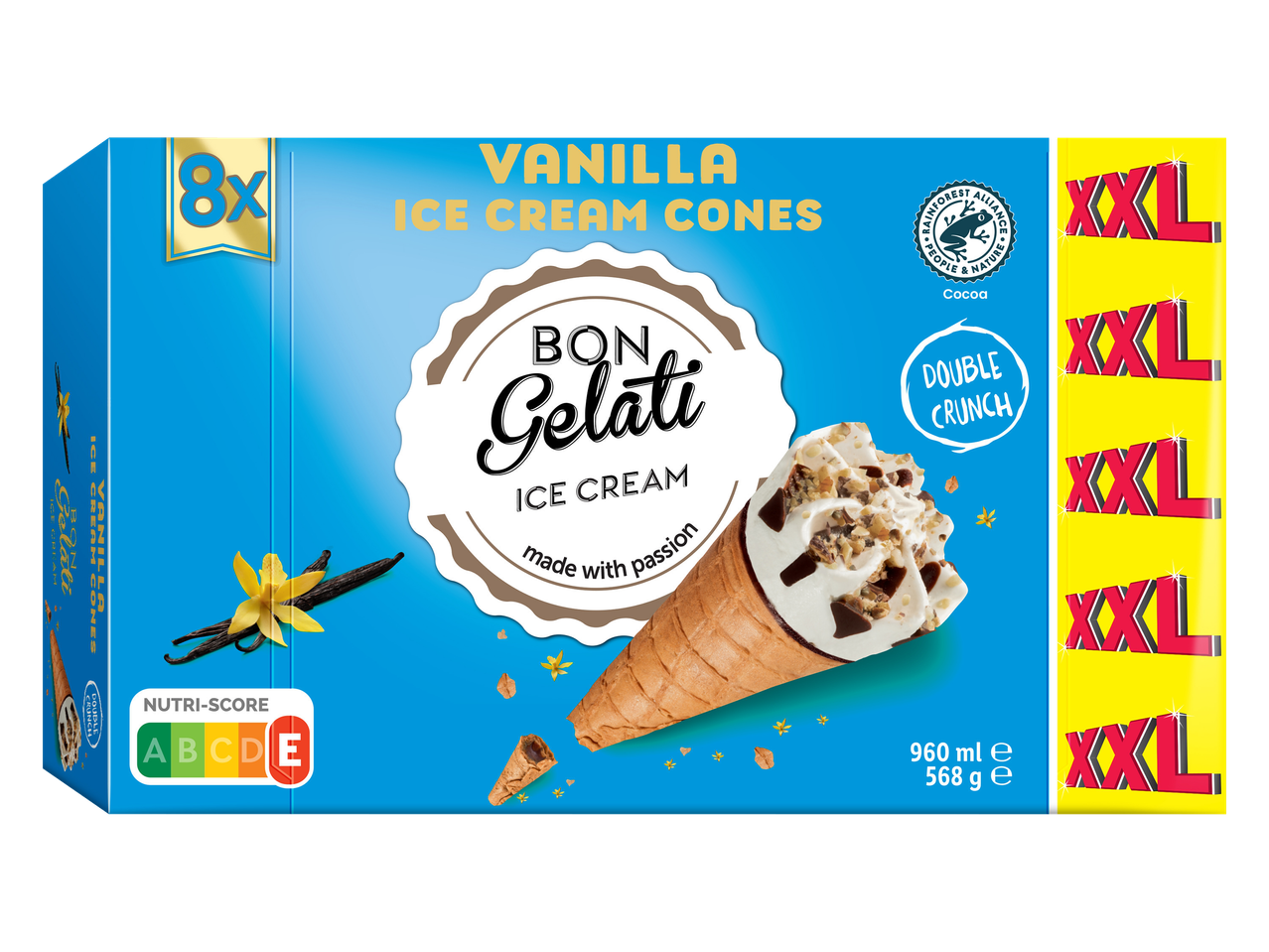 Cones de sorvete Bon Gelati XXL de baunilha, 8x Double Crunch, cacau certificado pela Rainforest Alliance.