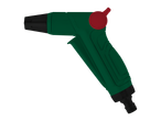 Pistolet d'arrosage vert et noir avec un bouton rouge, pour le jardinage.