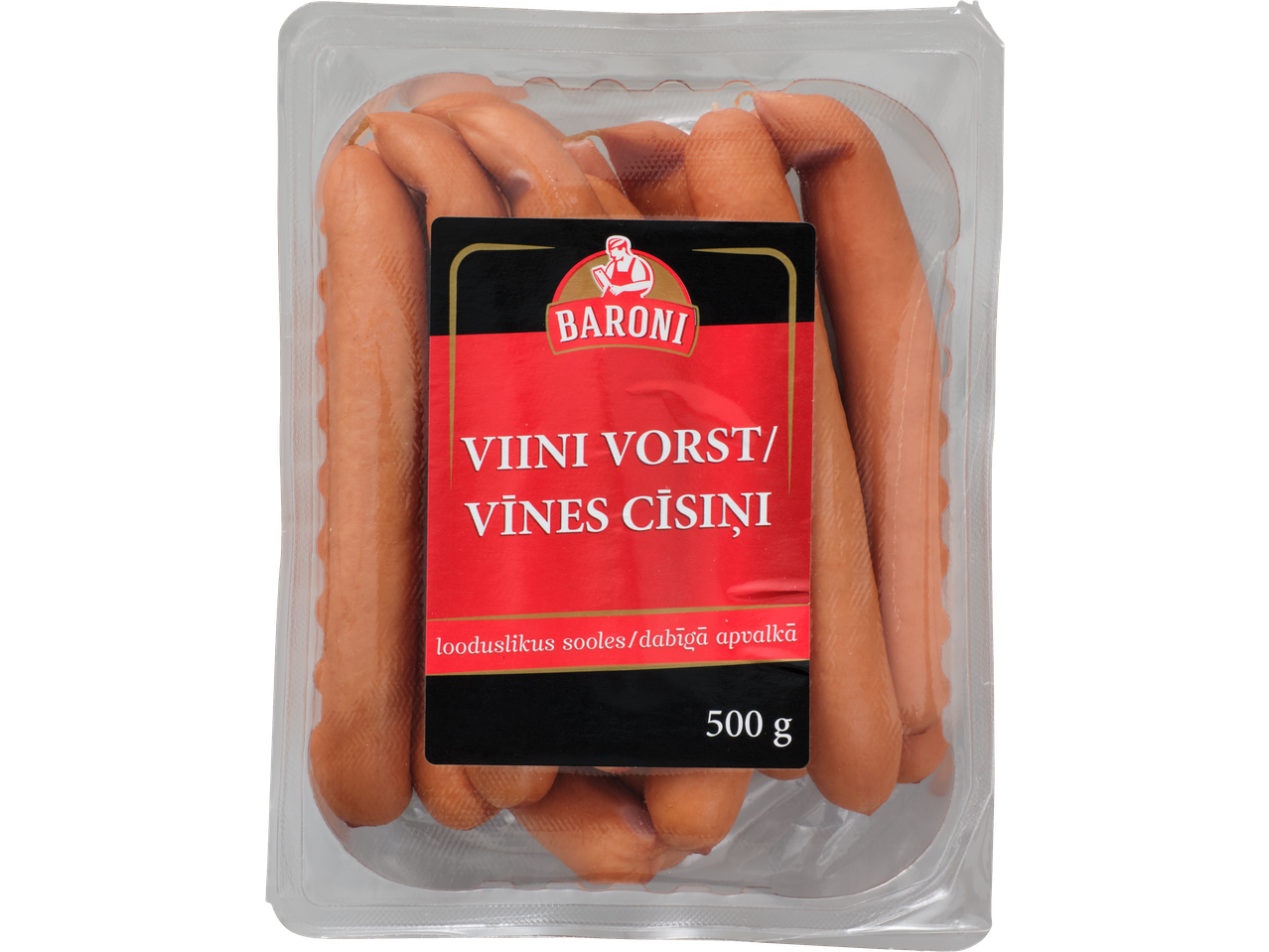 BARONI Vīnes cīsiņi, 500g iepakojums dabīgā apvalkā