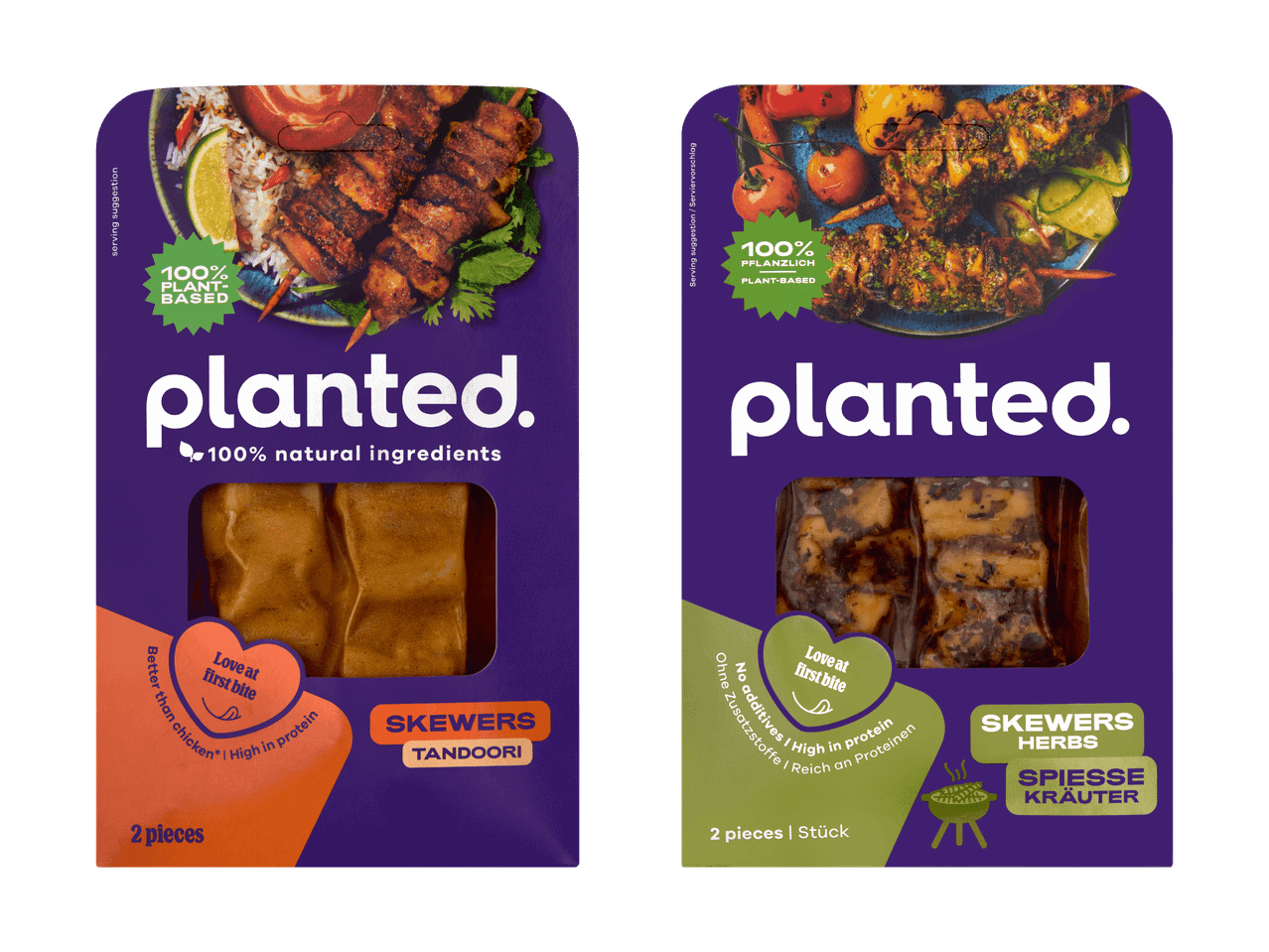 Zwei Packungen pflanzliche Spieße, Tandoori und Kräuter, 100% pflanzlich und proteinreich.
