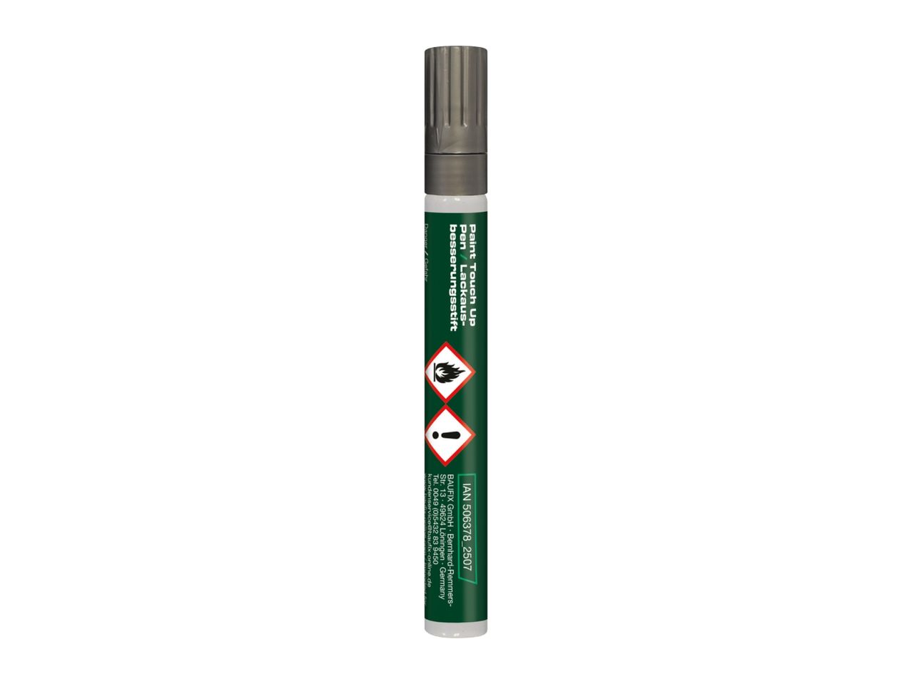 Paint touch-up pen with hazard symbols and contact information.