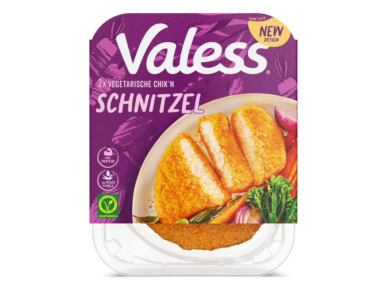 Vegetarische kipschnitzels in een verpakking.