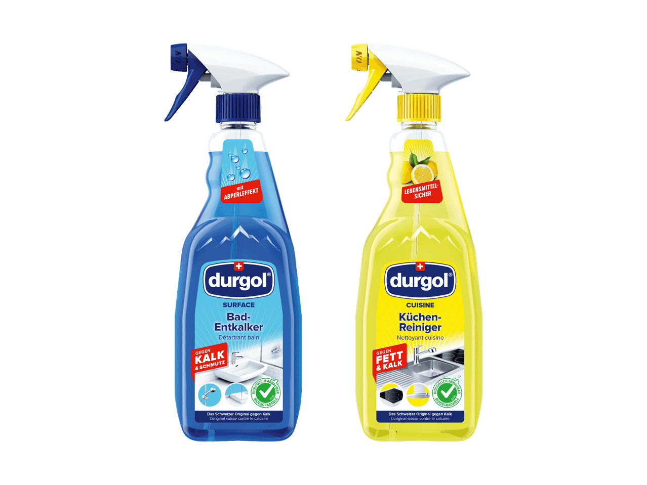 Zwei durgol Sprühflaschen: eine blaue für das Bad und eine gelbe für die Küche.