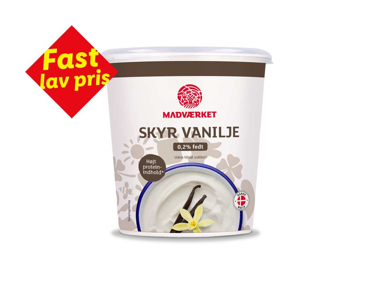 Vaniljeskyr med lavt fedtindhold og højt proteinindhold, mærket med 'Fast lav pris'.