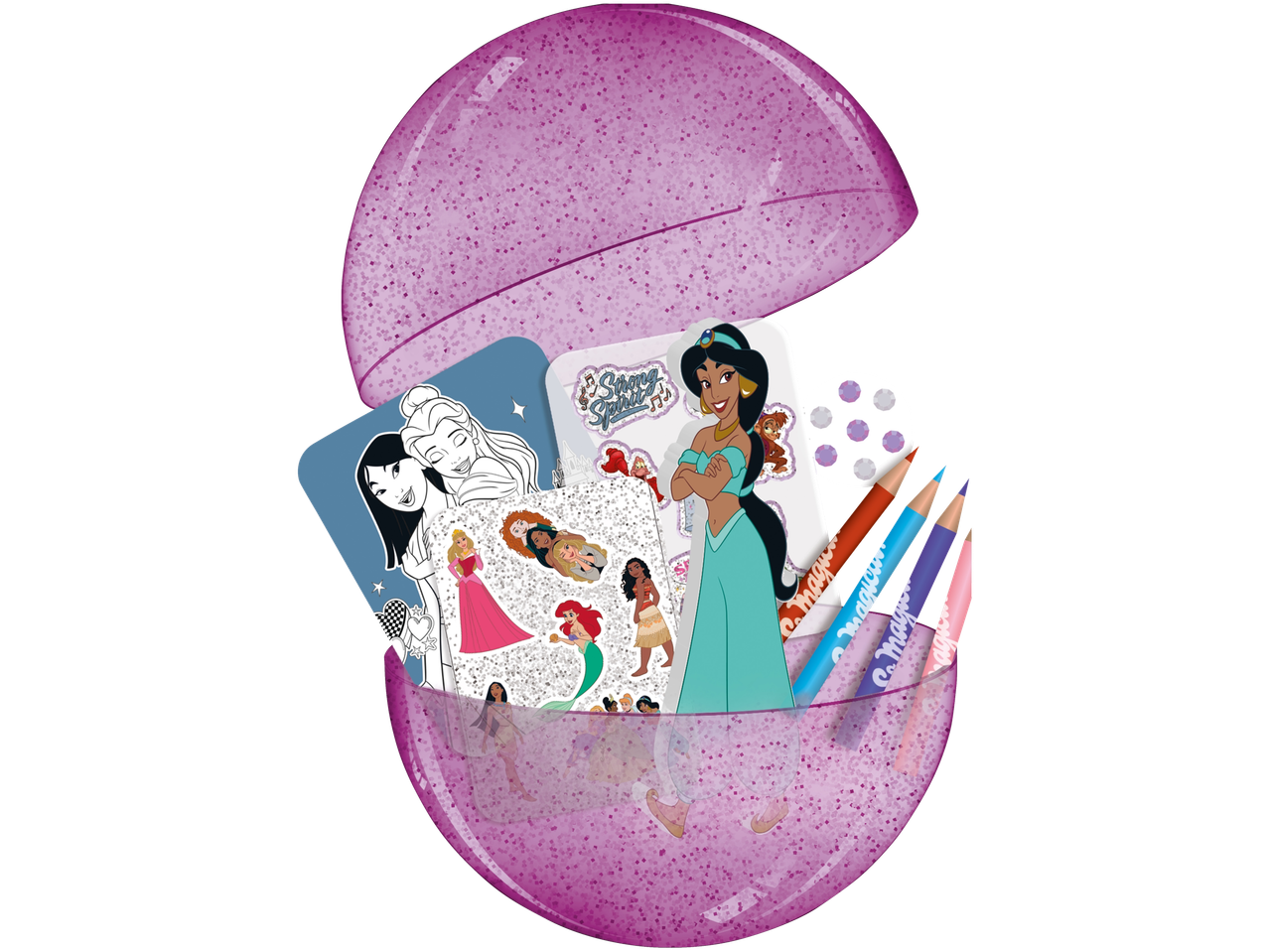 Disney Princess set za bojenje sa šljokicama, nalepnicama i obojenim olovkama.