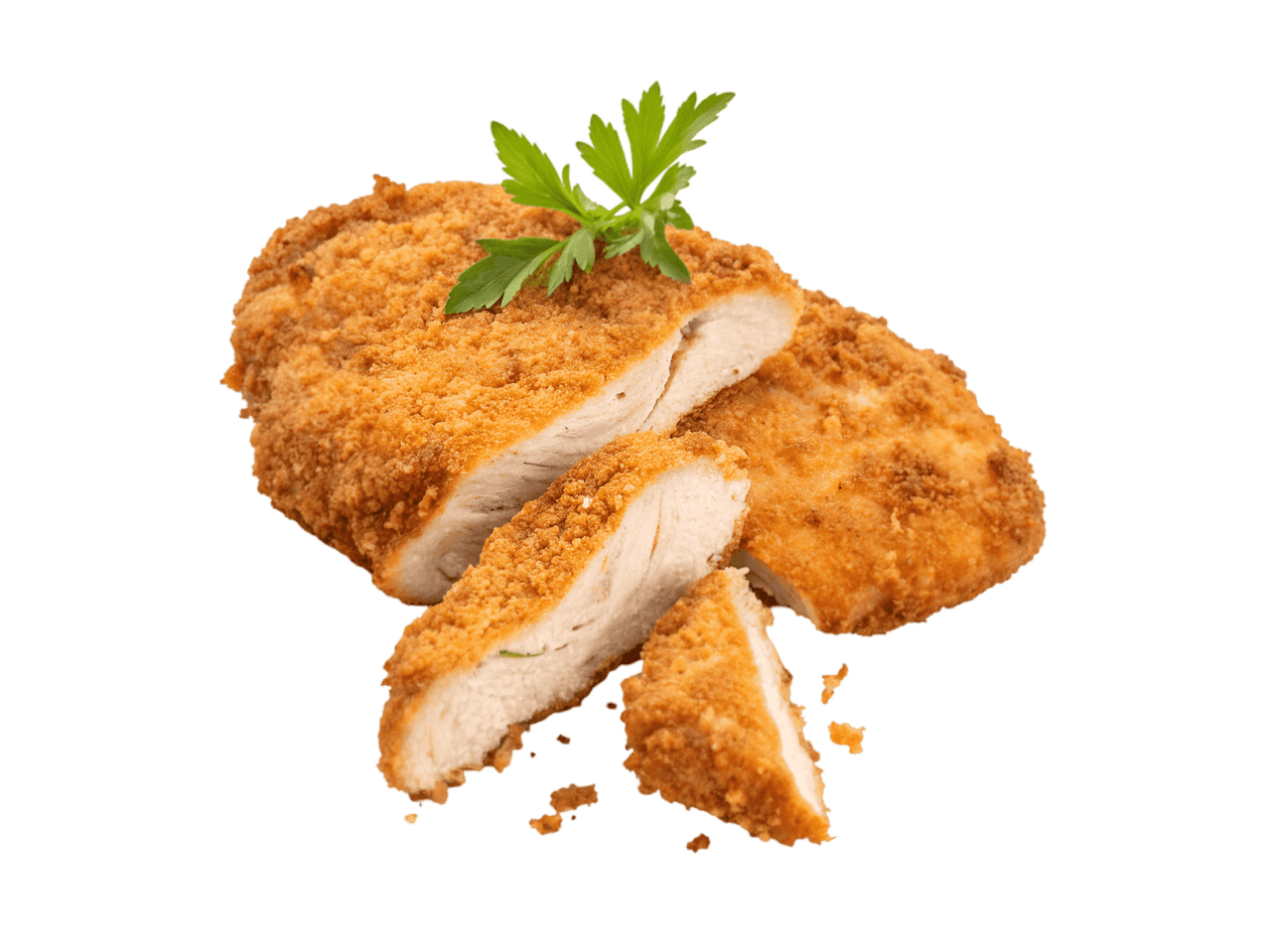 Hähnchenschnitzel mit Petersilie, eines davon in Scheiben geschnitten
