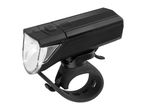 A black bicycle headlight with a silicone mount is shown.