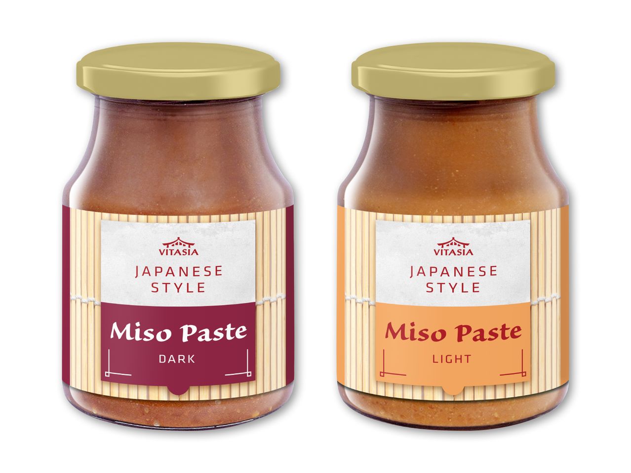 To glas japansk misopasta, en mørk og en lys, med bambusmåtte-temaetiketter.