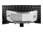 Close-up of a black ceramic kamado grill with a stainless steel bottom air vent.