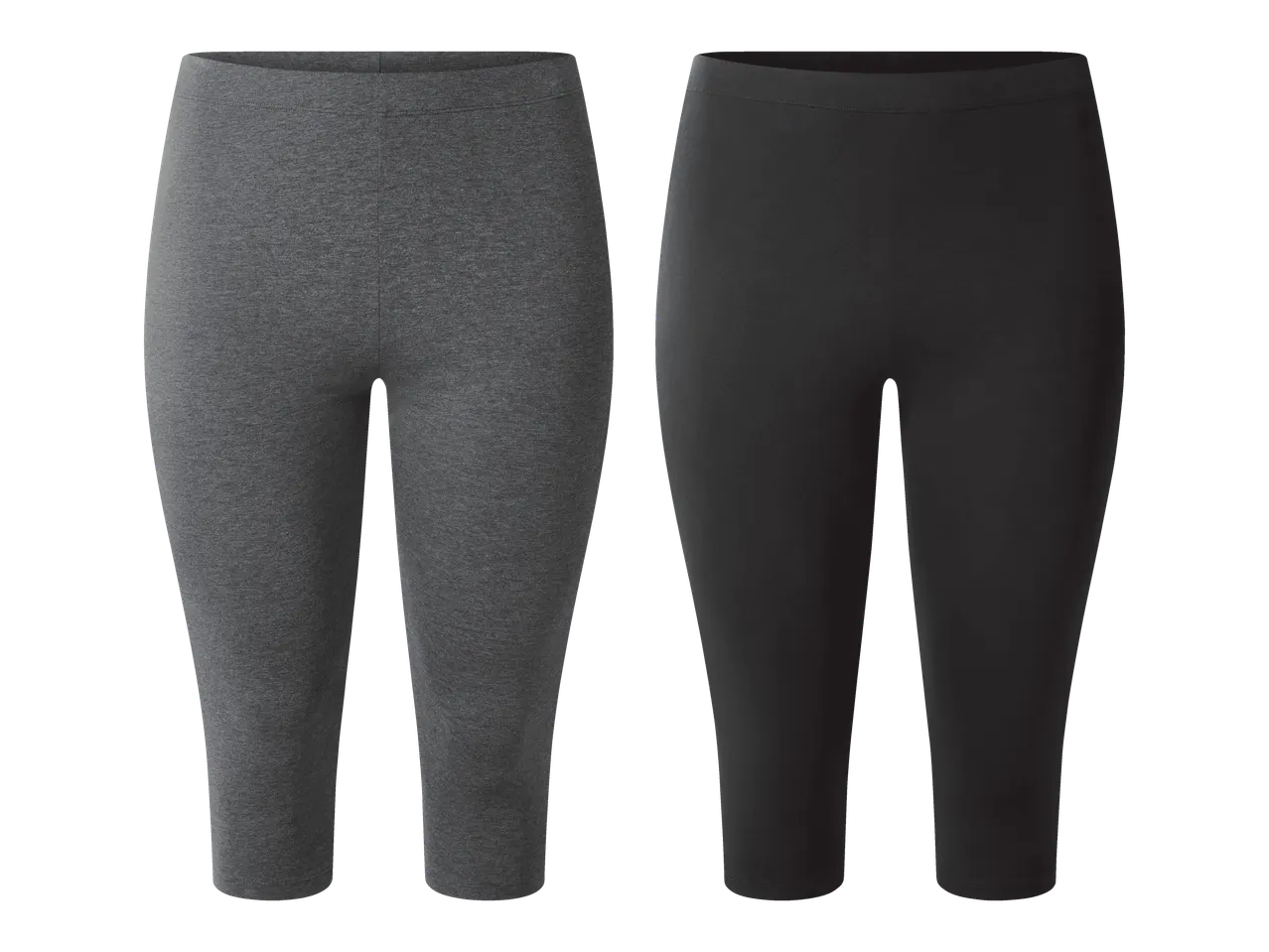 Kaksi paria harmaita ja mustia capri-leggingsejä.
