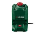 Green drill bit sharpener with a red dial and power switch.
