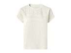 White short-sleeved top with embroidered details on the shoulders and sleeves.