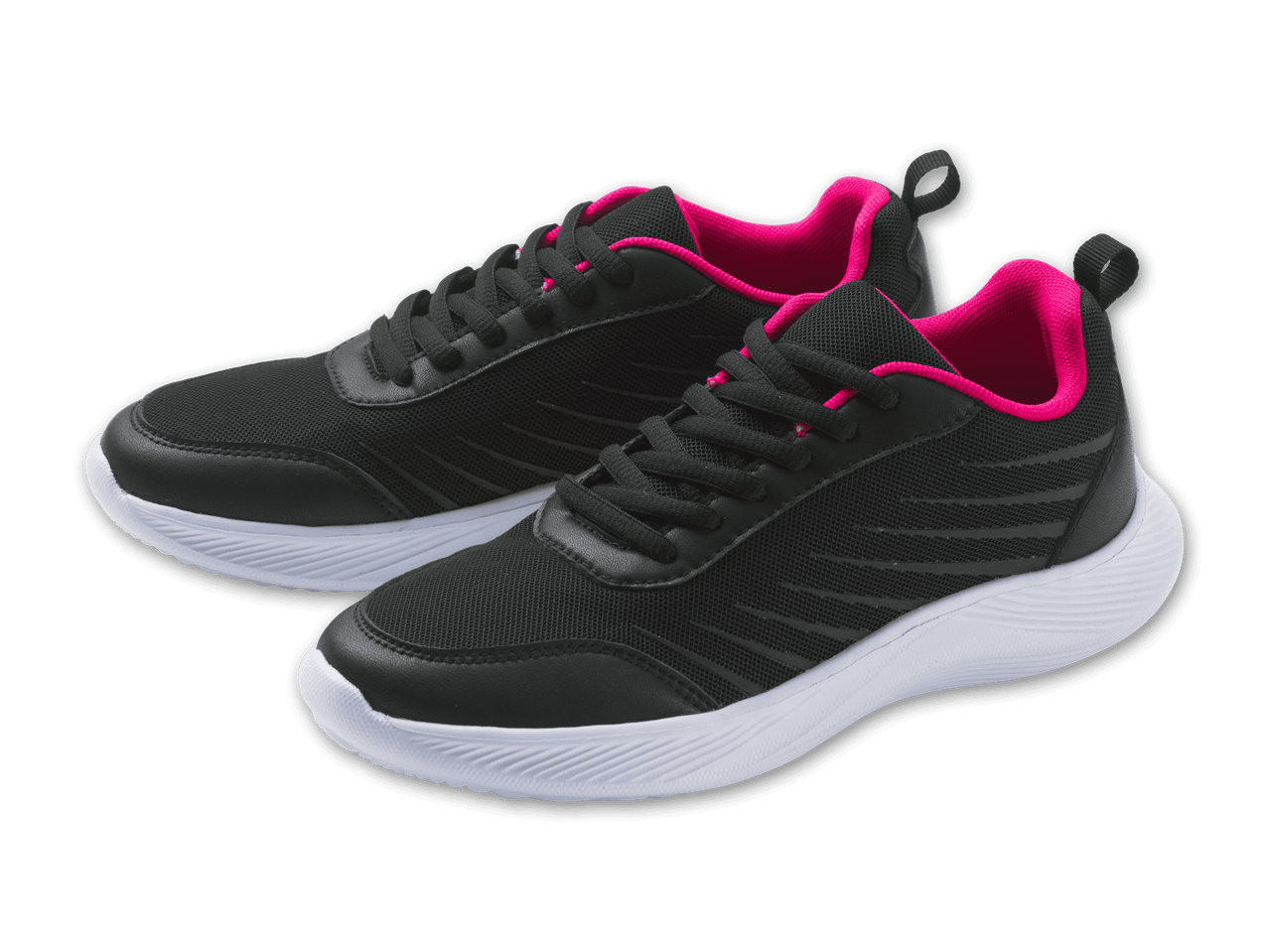 Ein Paar schwarze Turnschuhe mit pinkfarbenen Akzenten und weißen Sohlen.