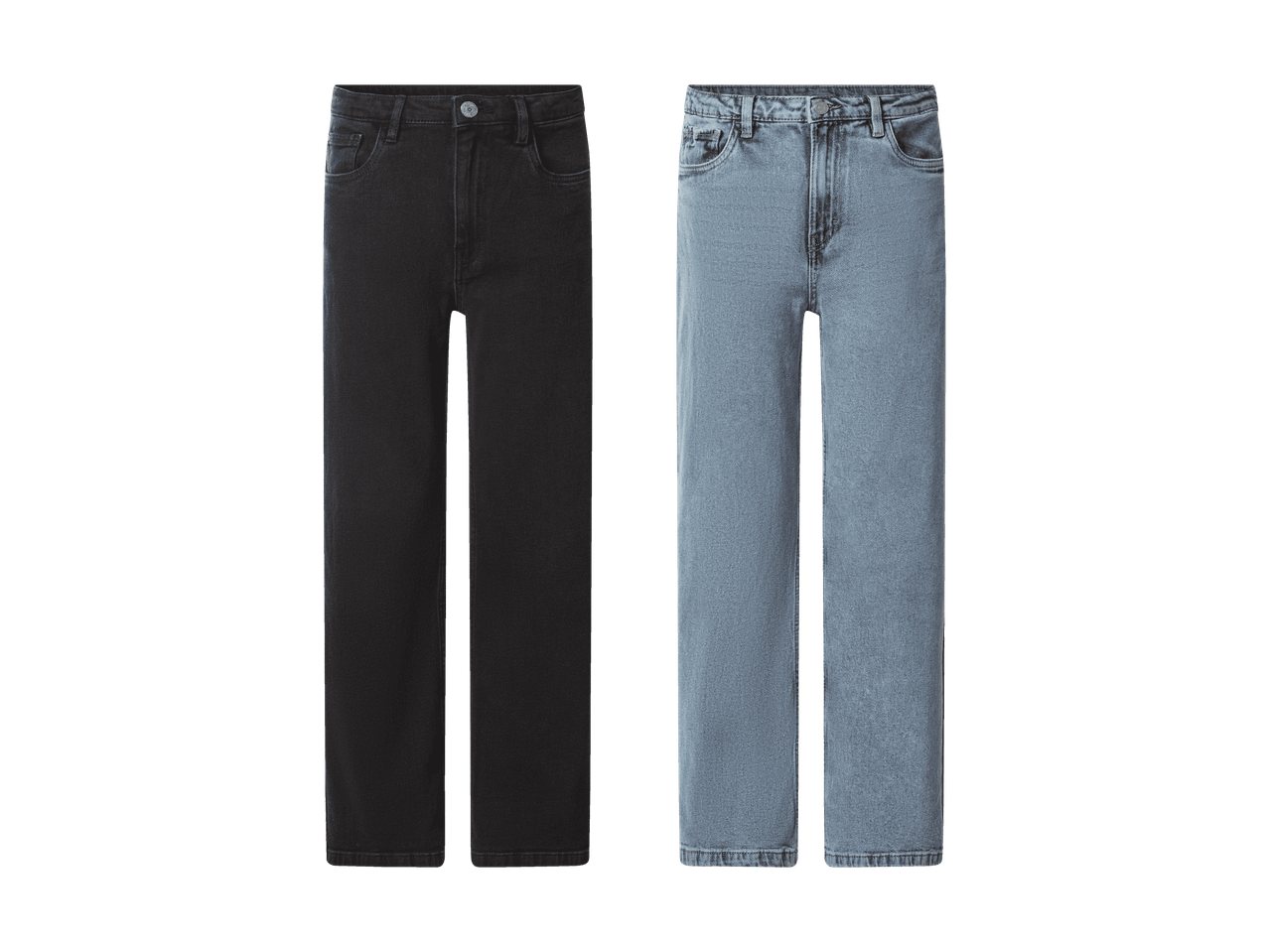 Zwei gerade geschnittene Damenjeans, eine in Schwarz und eine in Hellblau.