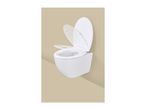 White wall-mounted toilet with the lid and seat open, against a beige background.